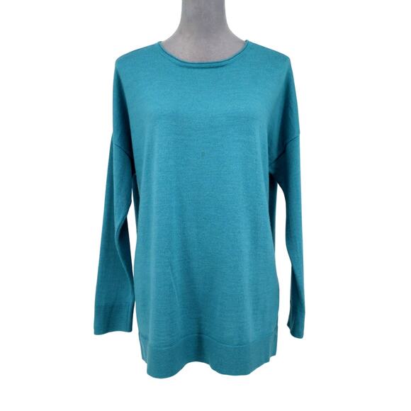 Eileen Fisher Sweater Womens Small Blue Green Merino Wool Boxy Tunic Pullover